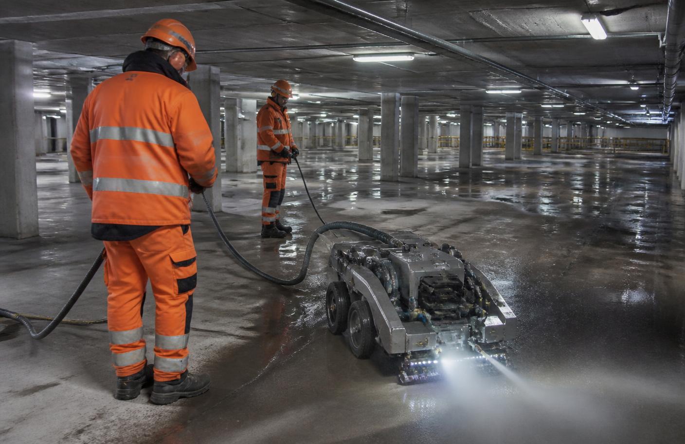 Operatörer som kör bilningsrobot i ett parkeringsgarage